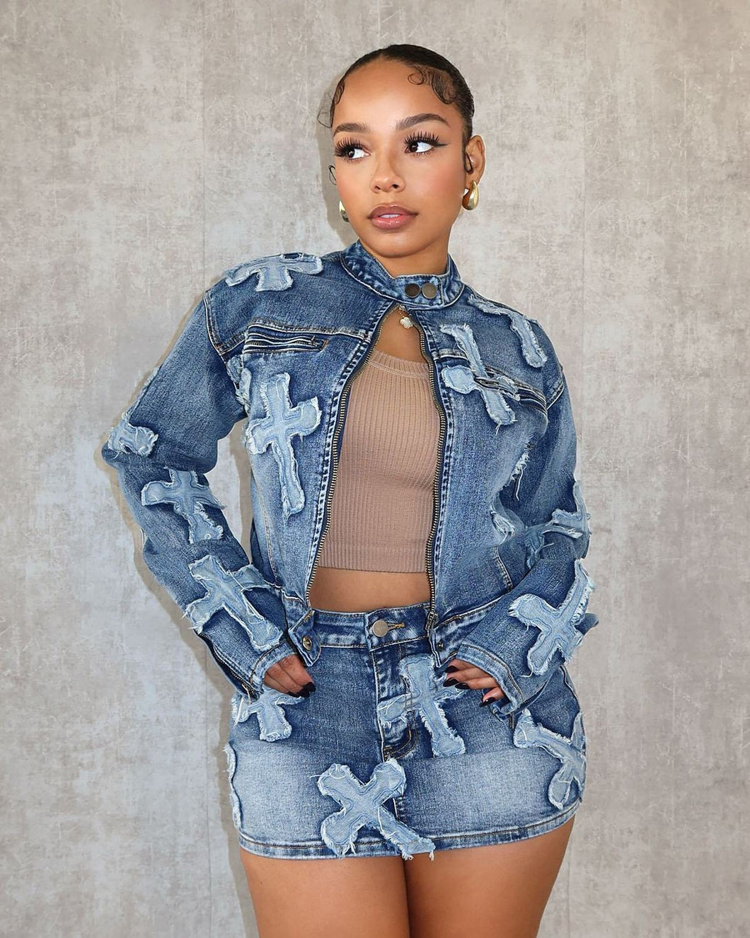 Women Long Sleeves Denim Embroidered Mini Skirt Jacket Set